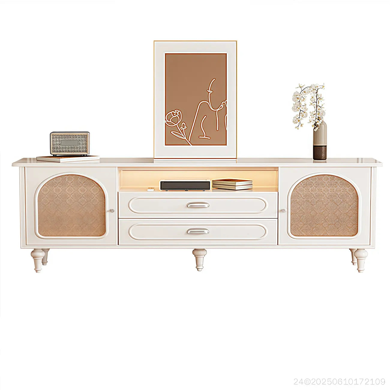 Modern Wood Curved Glass Door Black TV Stand with Light