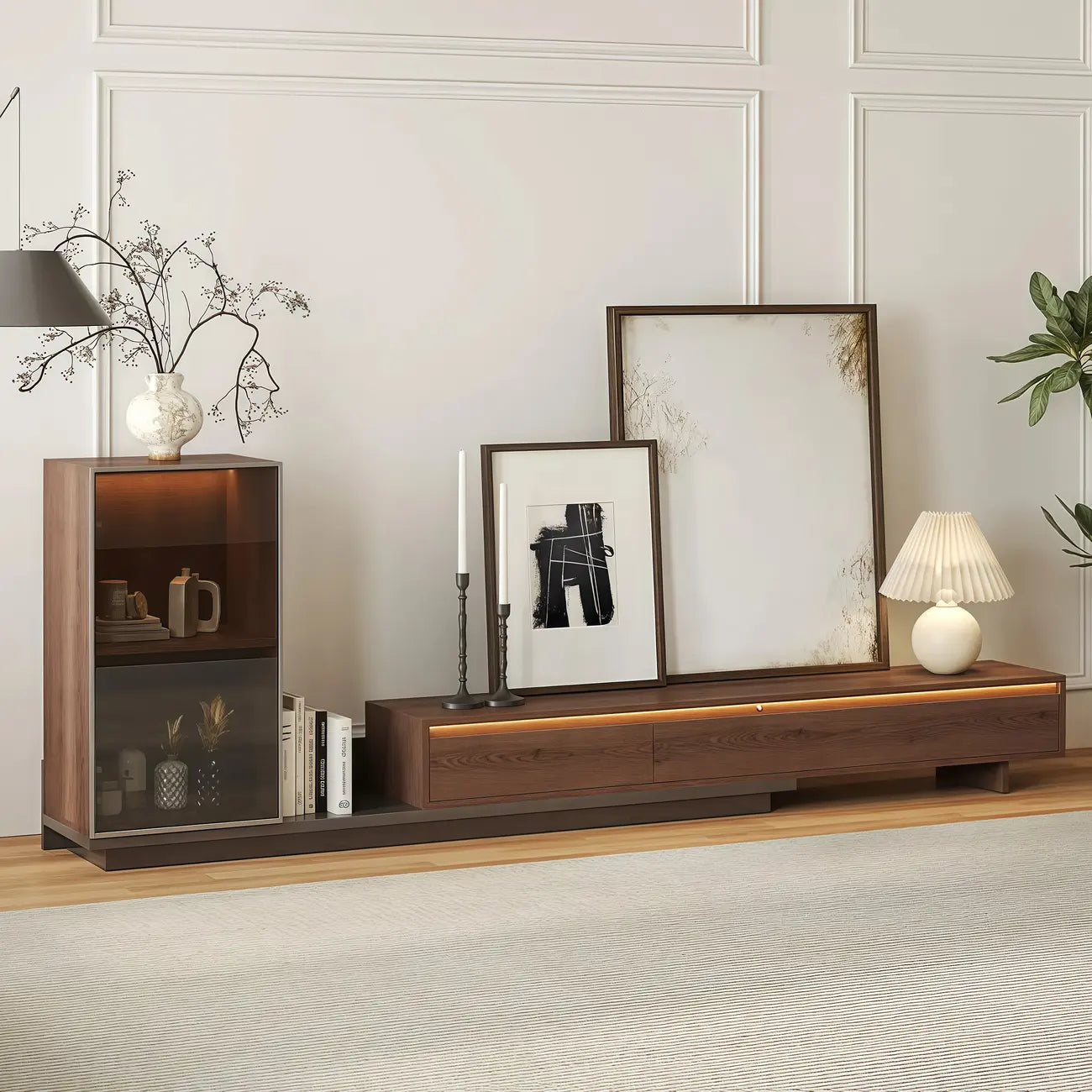 Mid-Century Walnut Extendable Wooden TV Stand with Drawers