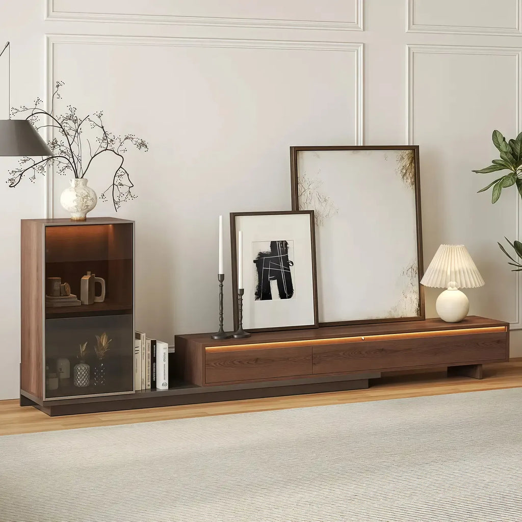 Mid-Century Walnut Extendable Wooden TV Stand with Drawers