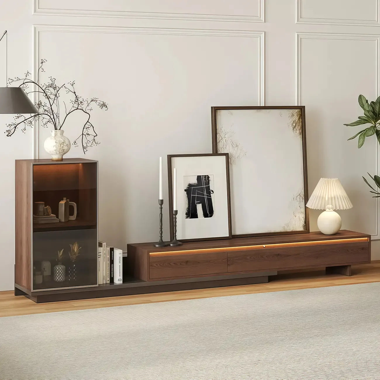 Mid-Century Walnut Extendable Wooden TV Stand with Drawers