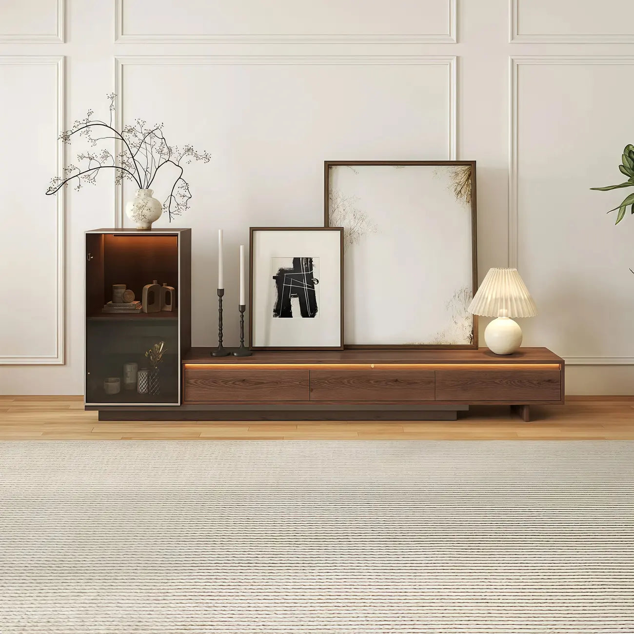 Mid-Century Walnut Extendable Wooden TV Stand with Drawers