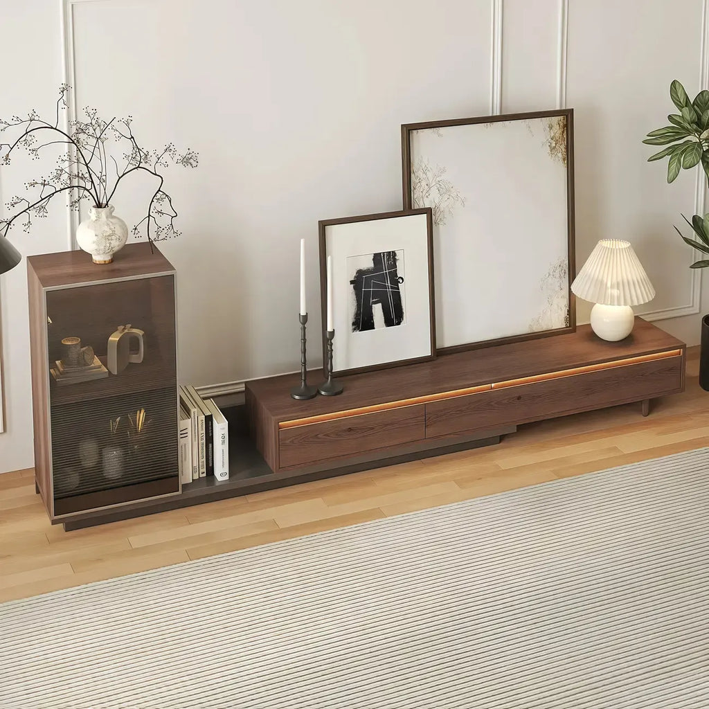 Mid-Century Walnut Extendable Wooden TV Stand with Drawers