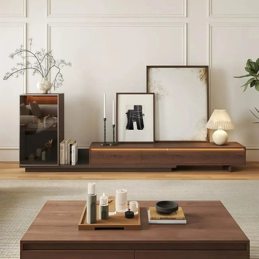 Mid-Century Walnut Extendable Wooden TV Stand with Drawers
