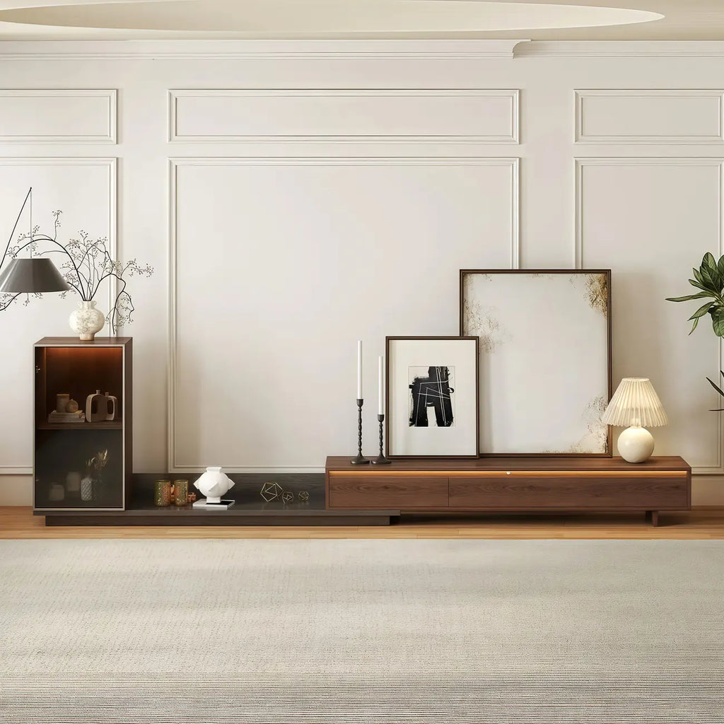 Mid-Century Walnut Extendable Wooden TV Stand with Drawers