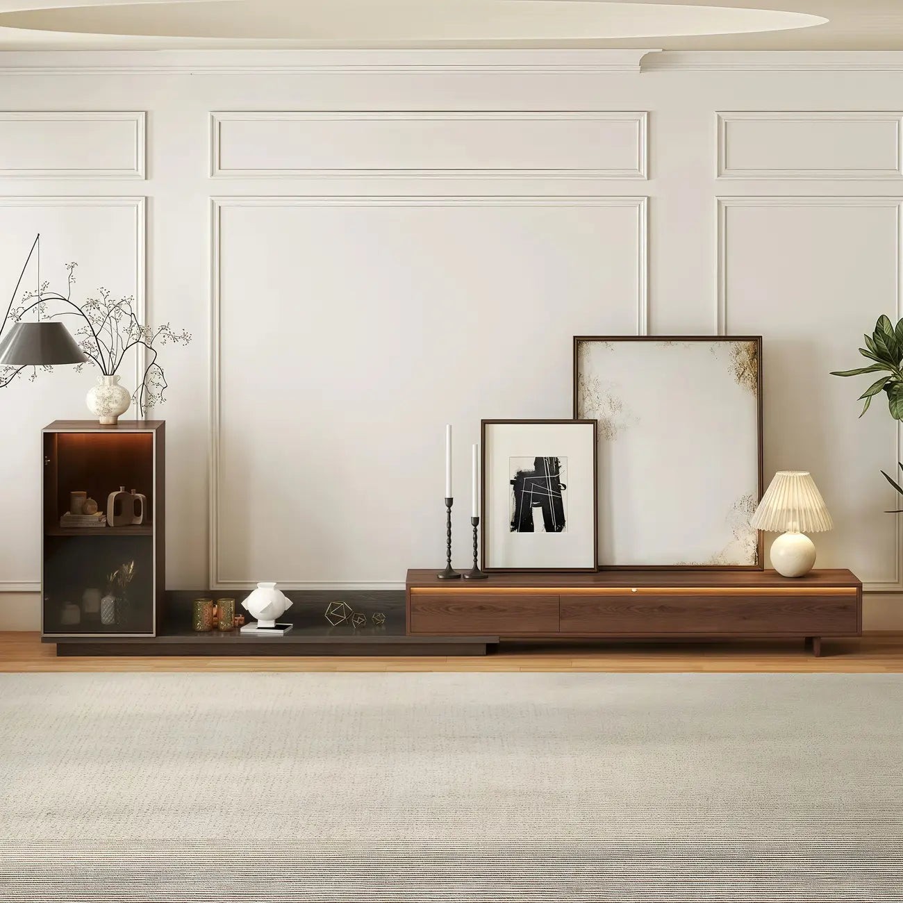 Mid-Century Walnut Extendable Wooden TV Stand with Drawers