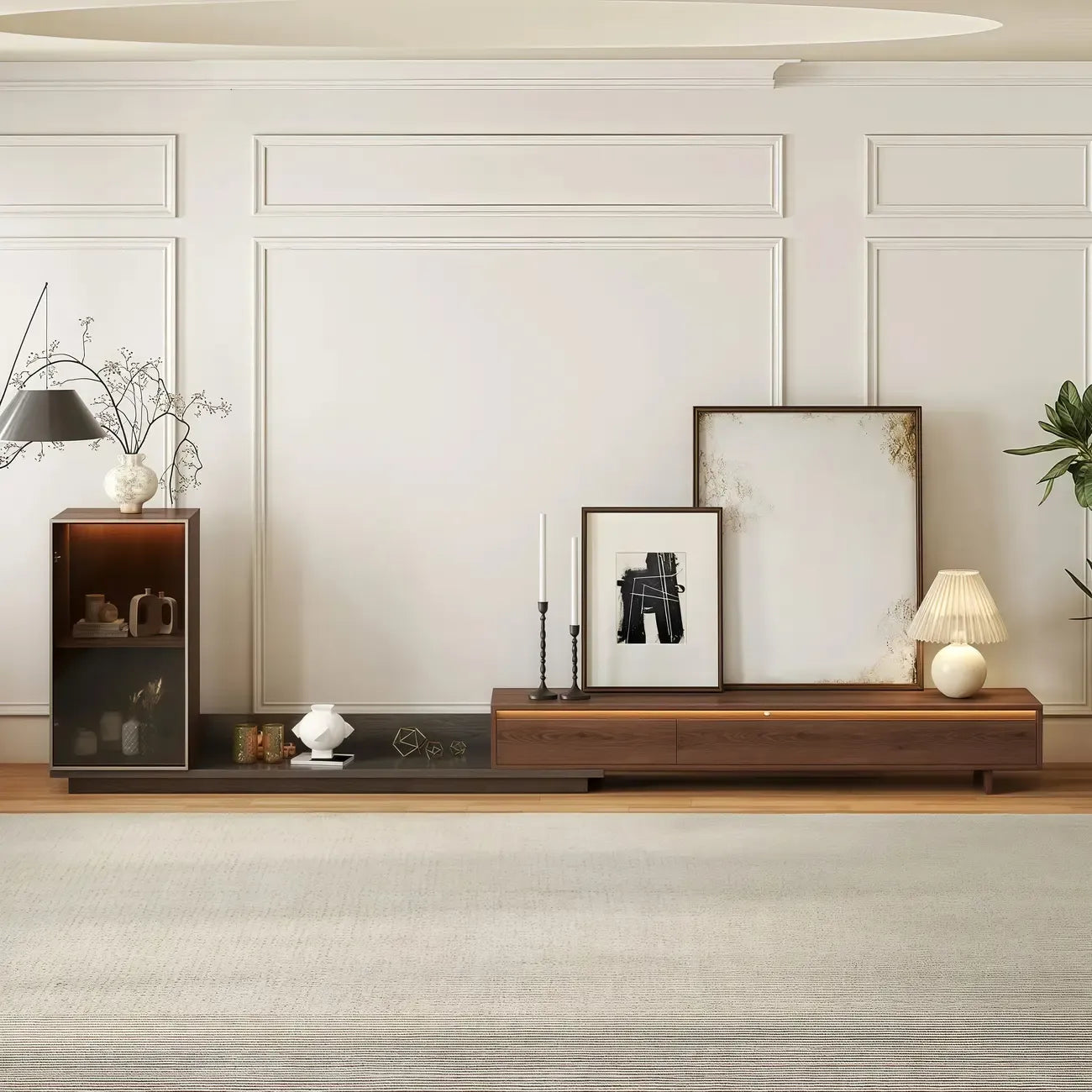 Mid-Century Walnut Extendable Wooden TV Stand with Drawers