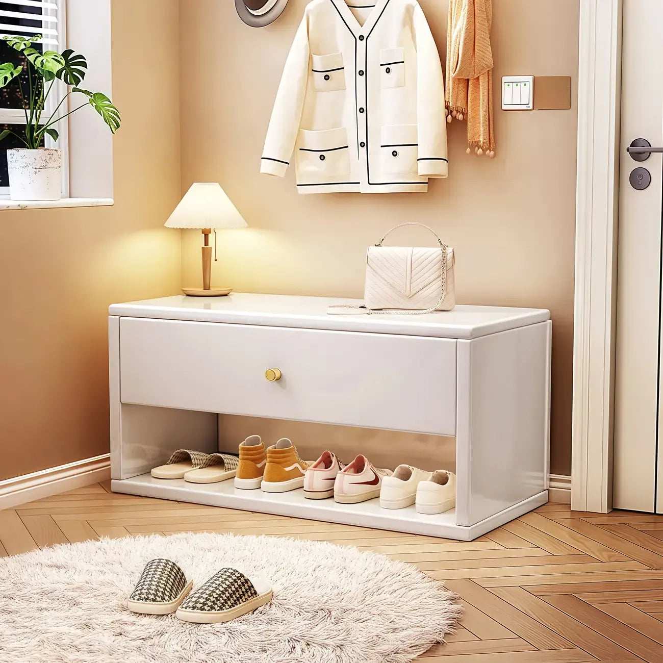 Compact Walnut Wood Storage Entryway Bench with Drawer
