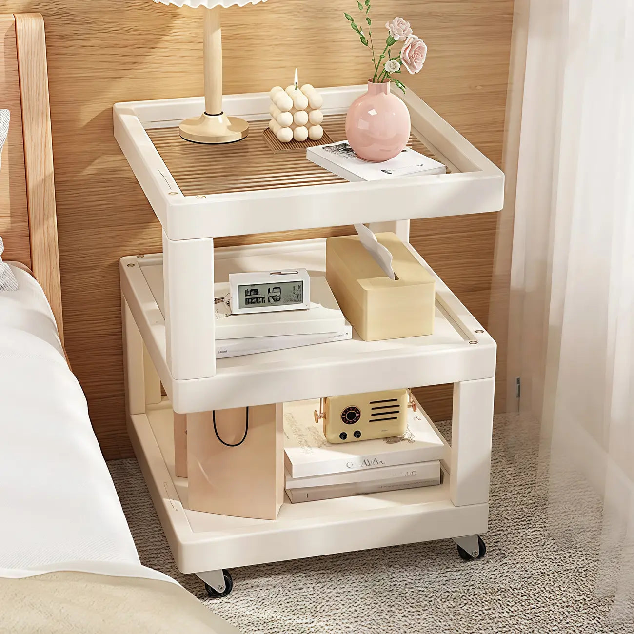 3-Tier Wood Walnut Storage Side Table with Wheels