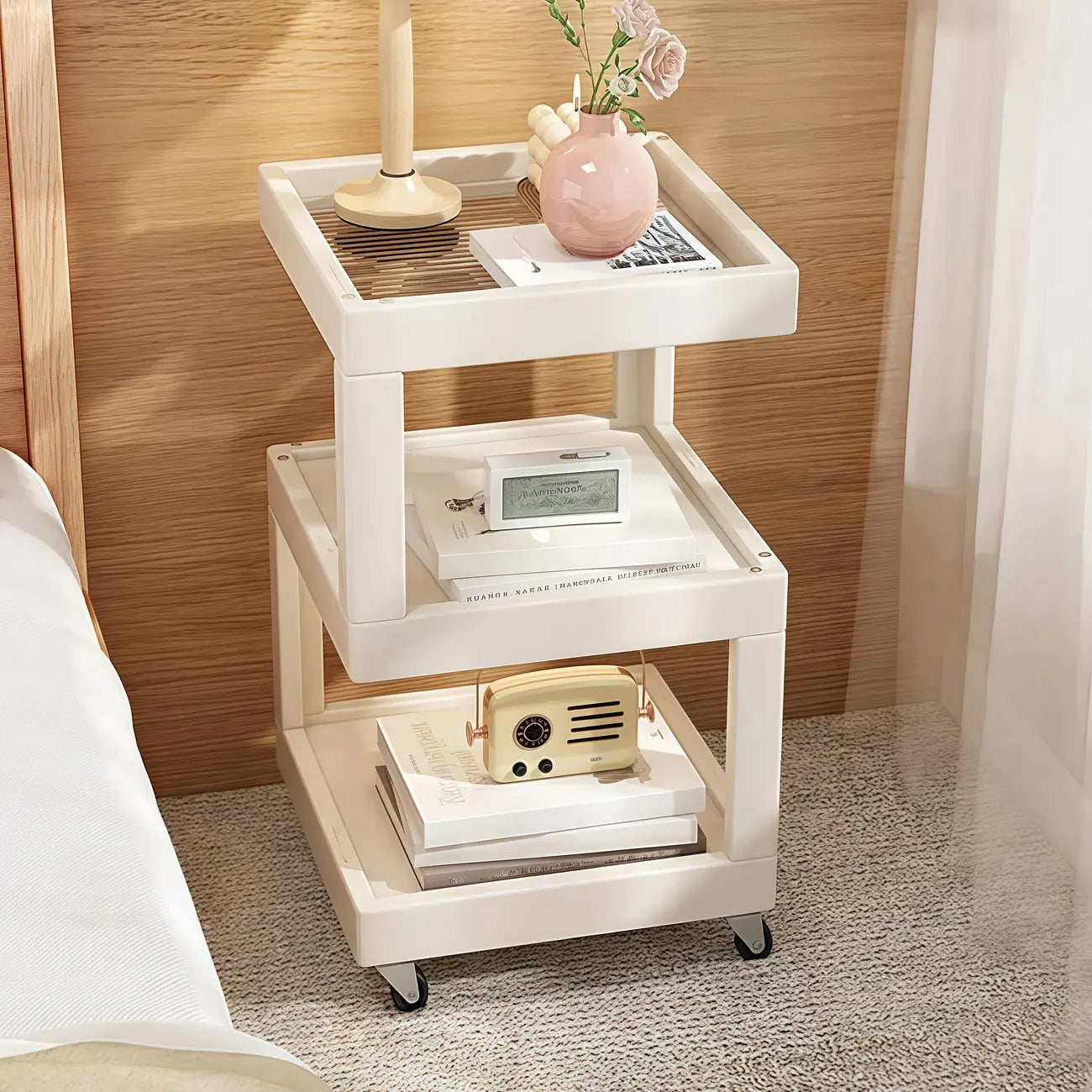3-Tier Wood Walnut Storage Side Table with Wheels