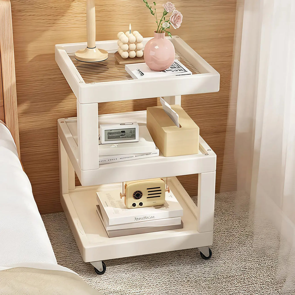 3-Tier Wood Walnut Storage Side Table with Wheels