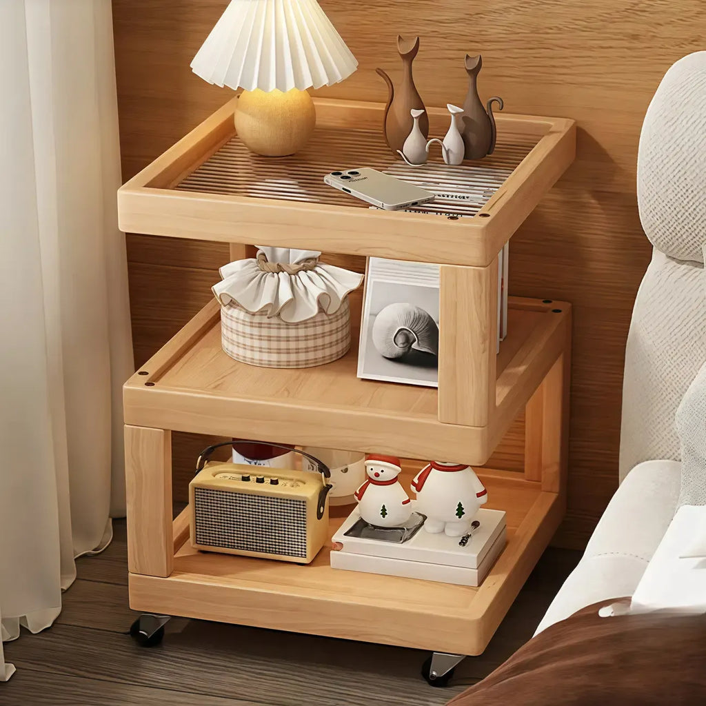 3-Tier Wood Walnut Storage Side Table with Wheels
