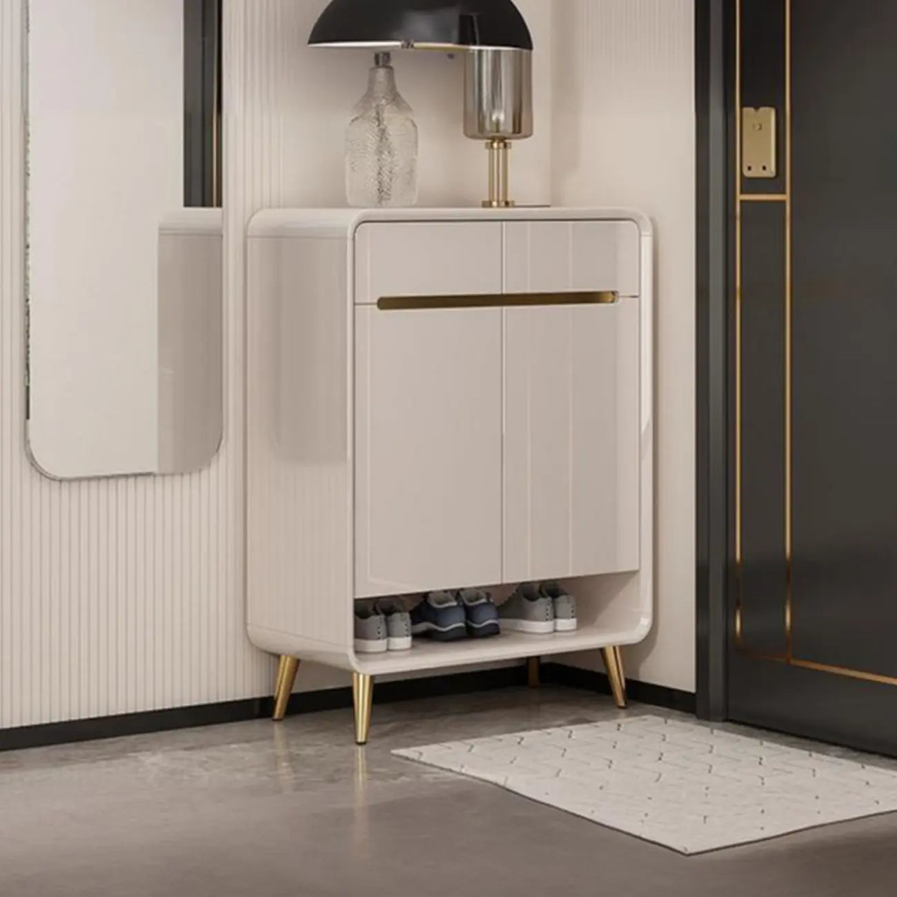 Glam Beige Solid Wood Shoe Cabinet with Display Top