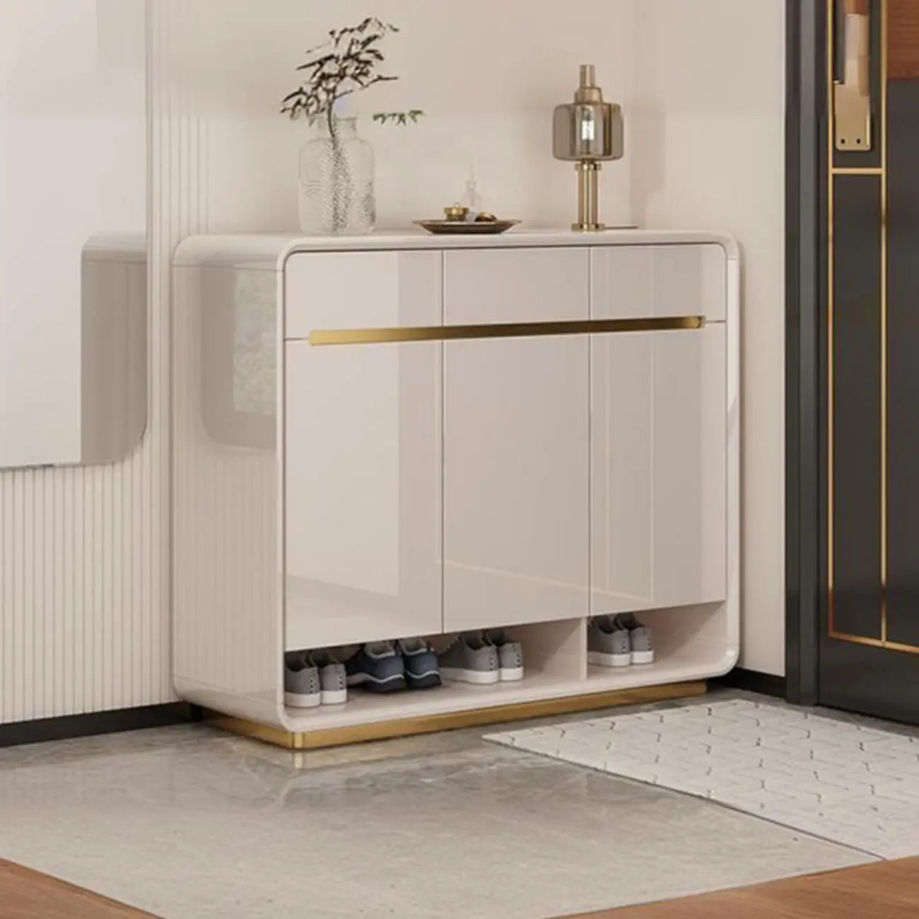 Glam Beige Solid Wood Shoe Cabinet with Display Top
