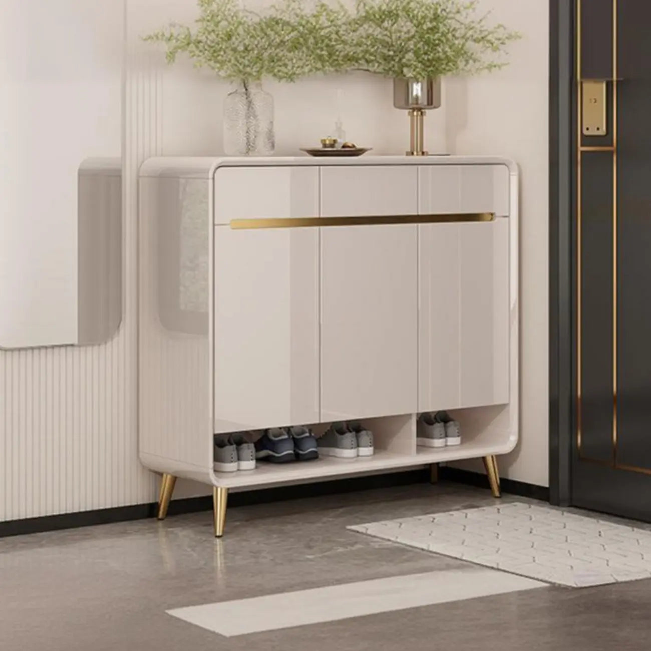 Glam Beige Solid Wood Shoe Cabinet with Display Top