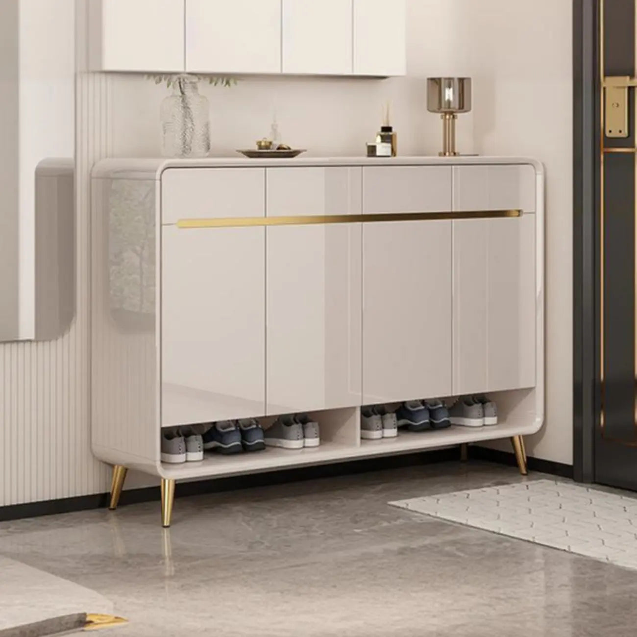 Glam Beige Solid Wood Shoe Cabinet with Display Top