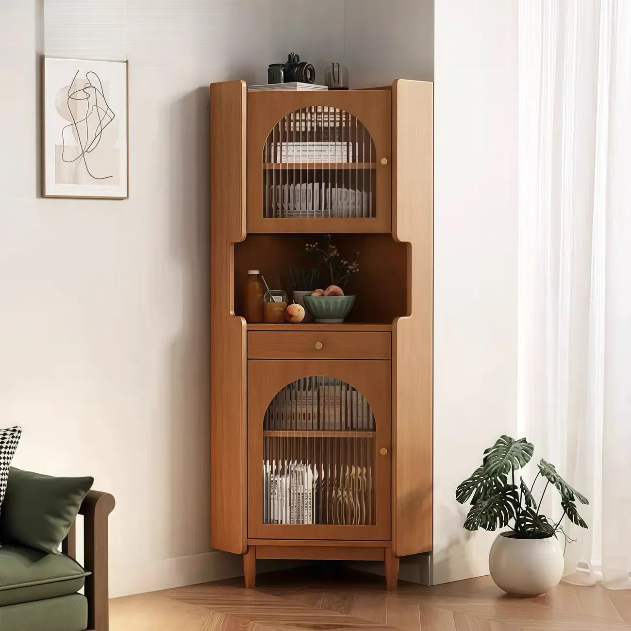 Tall Wooden 5-Tier Open Storage Display Buffet Cabinet