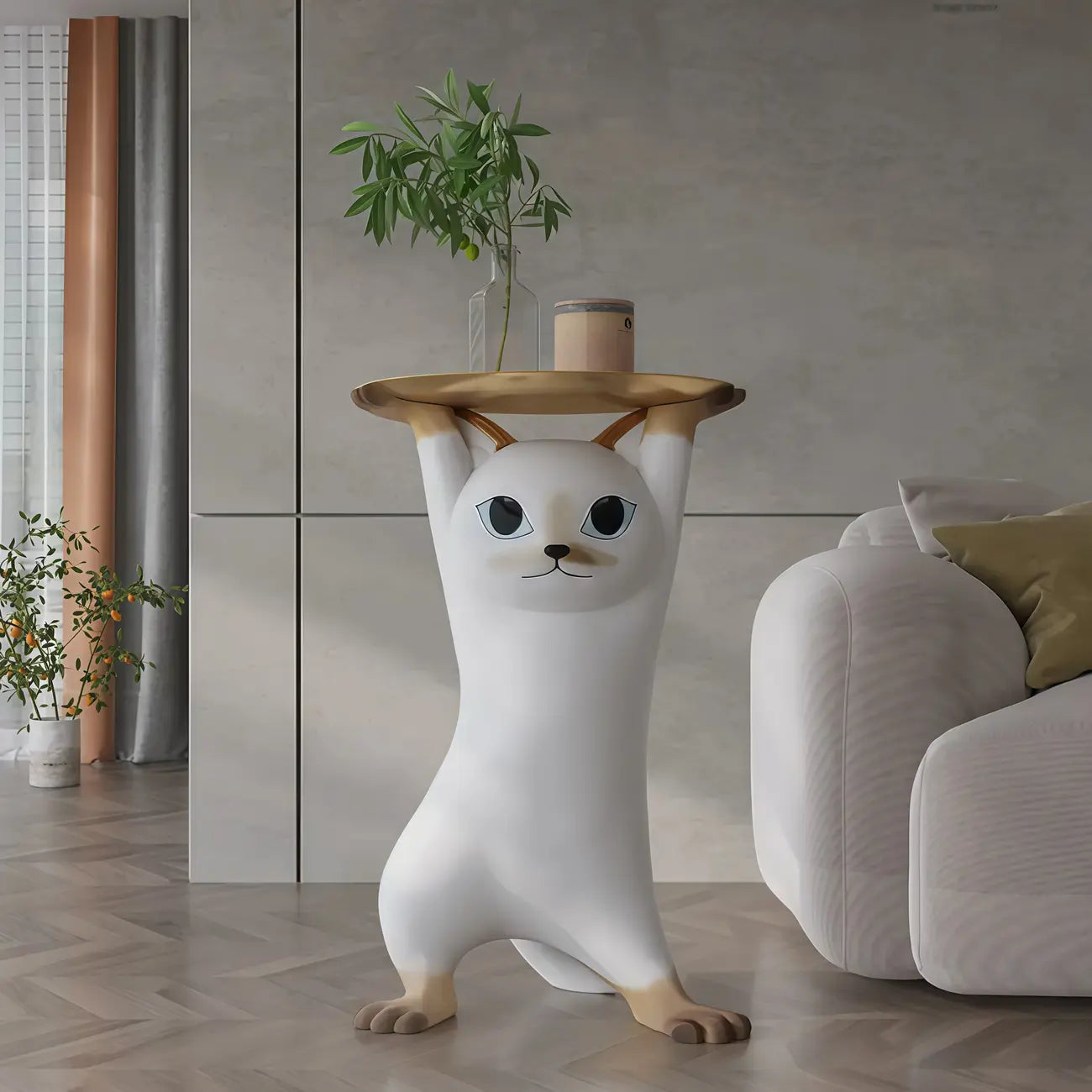 Modern Cute Cat-Shaped Golden Round Top Side Table
