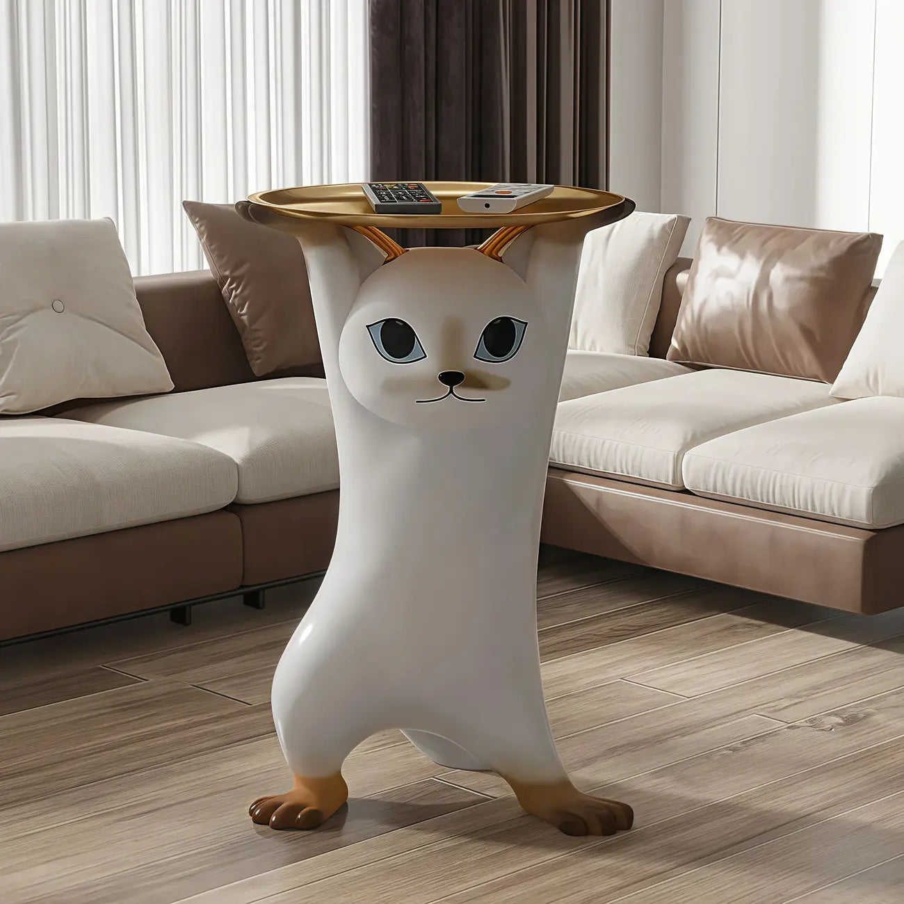 Modern Cute Cat-Shaped Golden Round Top Side Table