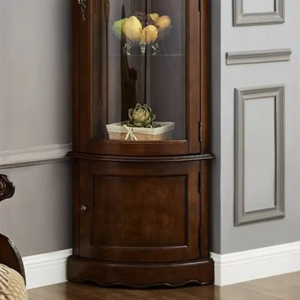 Classic Brown Rubberwood Corner Cabinet with Glass Door