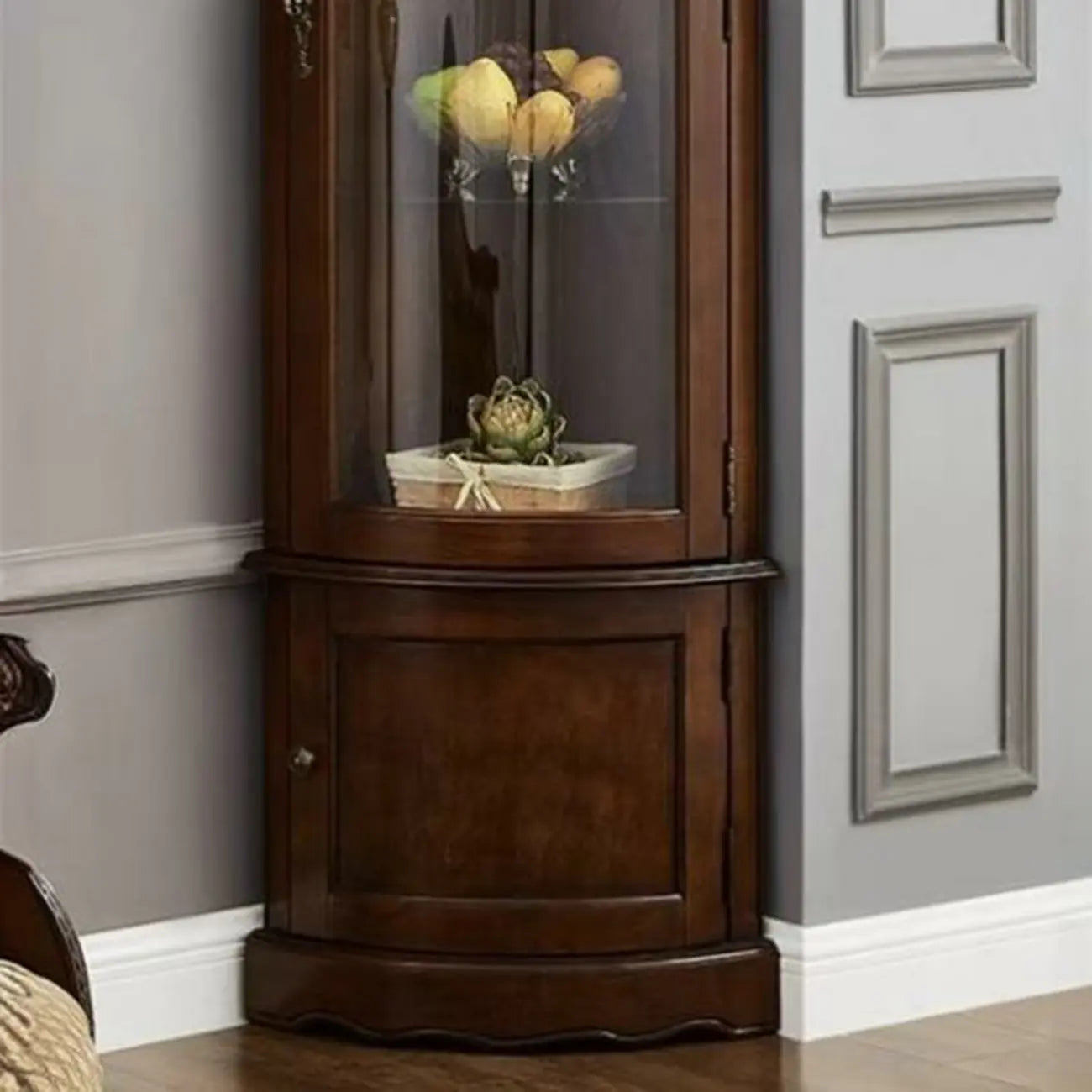 Classic Brown Rubberwood Corner Cabinet with Glass Door