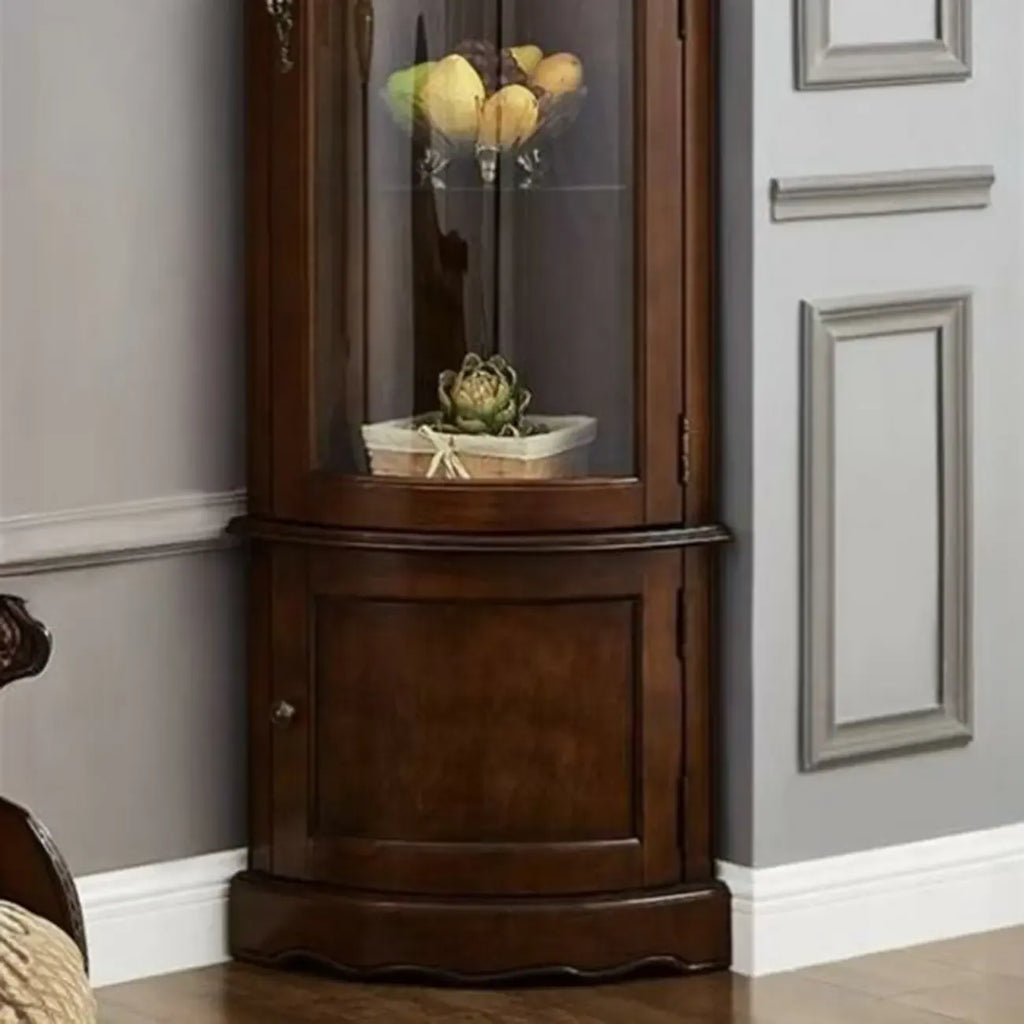 Classic Brown Rubberwood Corner Cabinet with Glass Door