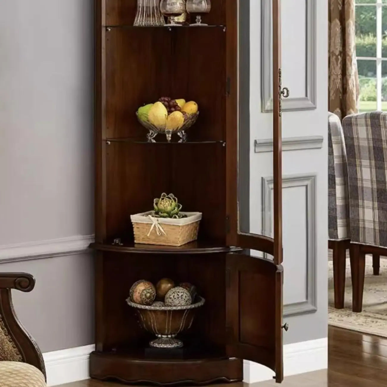 Classic Brown Rubberwood Corner Cabinet with Glass Door