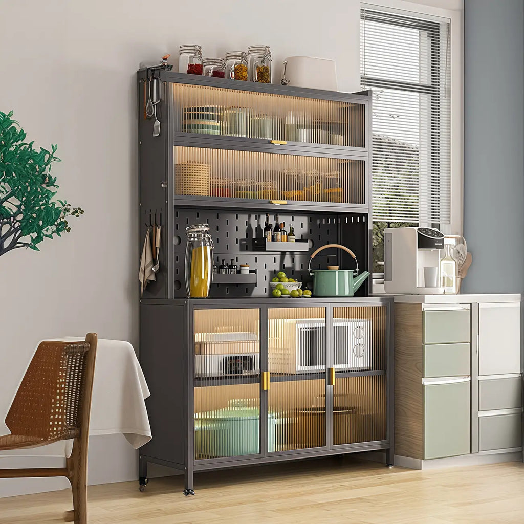 Modern Steel Multi-Shelf Sideboard with Pegboard Back
