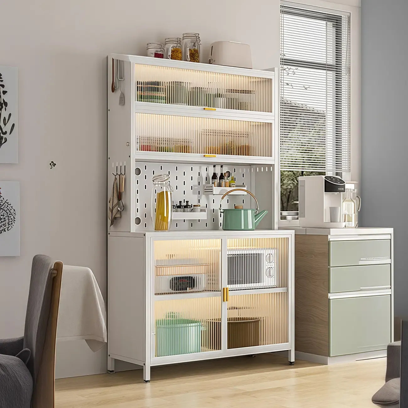 Modern Steel Multi-Shelf Sideboard with Pegboard Back