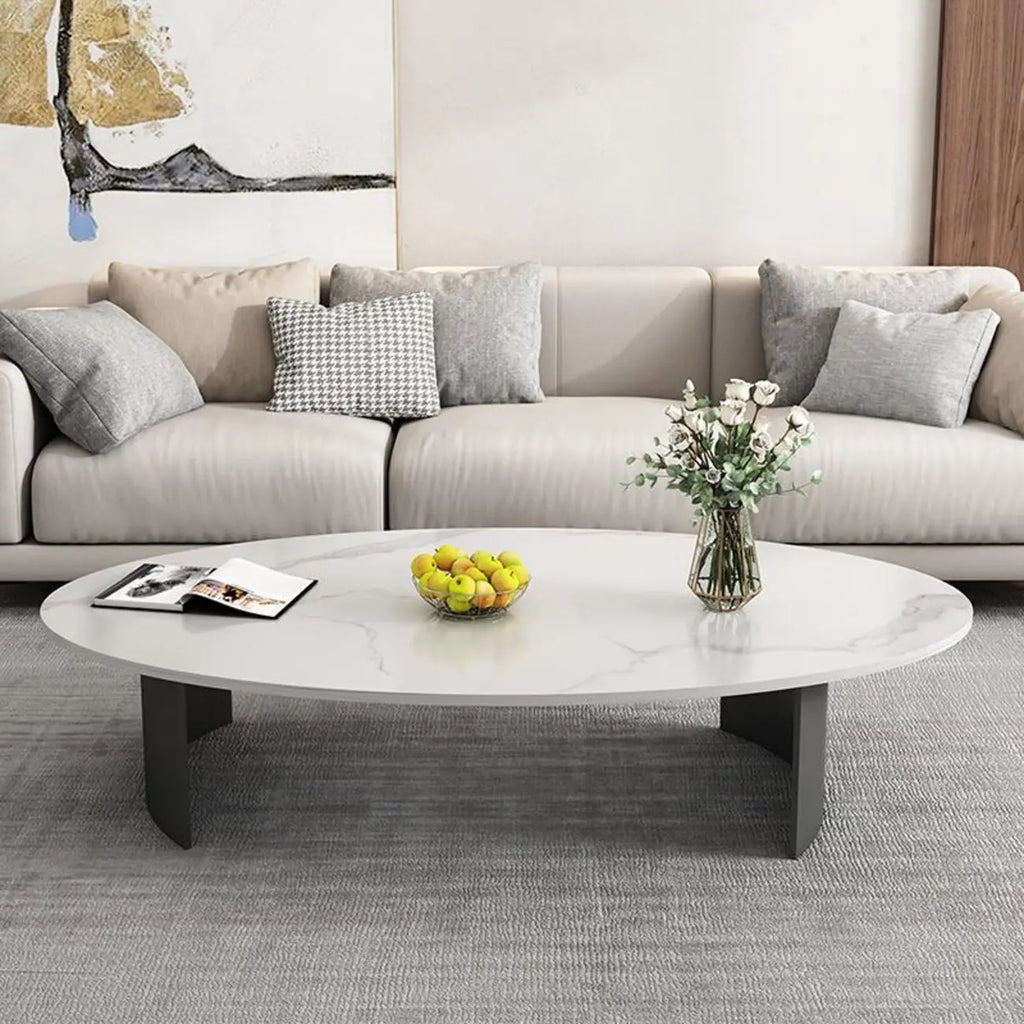 Oval Stone Top Scratch Resistant Iron Base Coffee Table