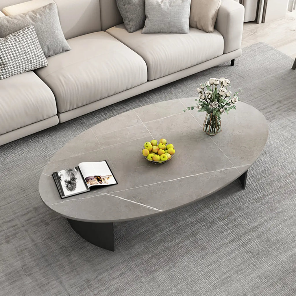 Oval Stone Top Scratch Resistant Iron Base Coffee Table