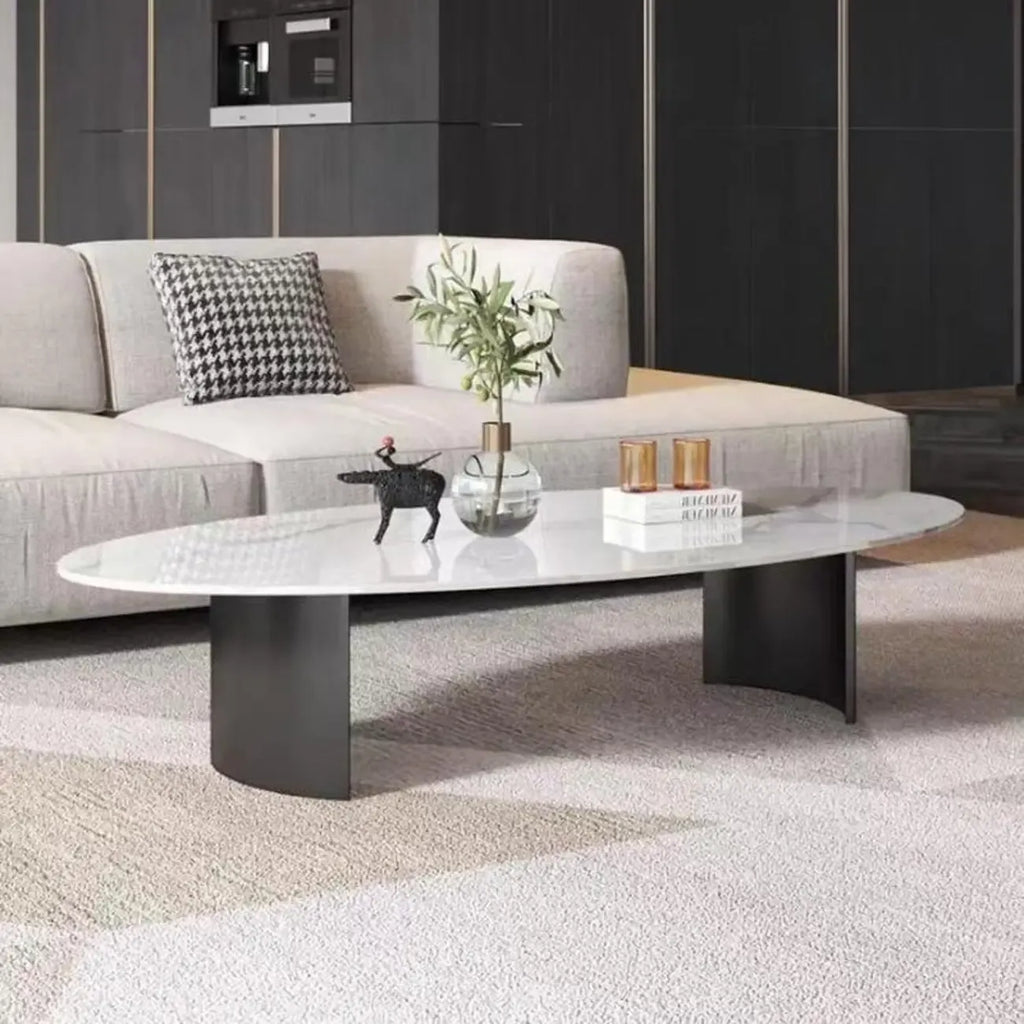Oval Stone Top Scratch Resistant Iron Base Coffee Table