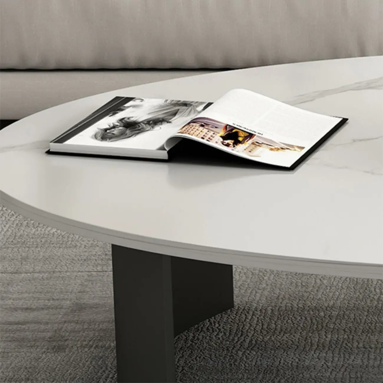 Oval Stone Top Scratch Resistant Iron Base Coffee Table