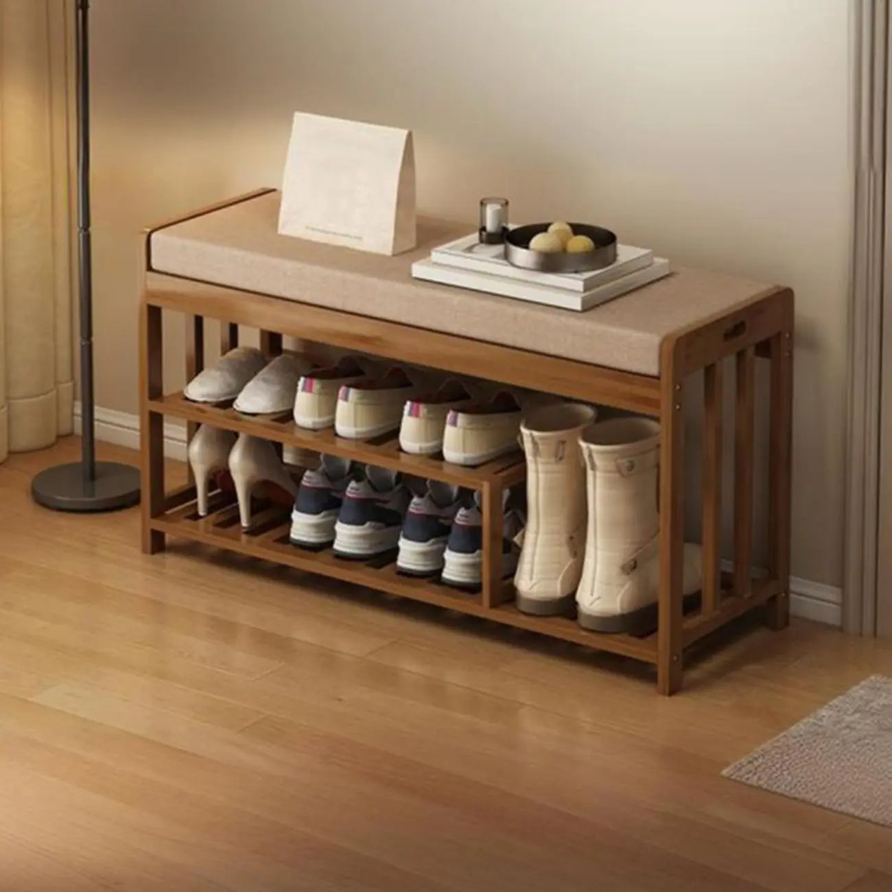 Classic Brown Bamboo Cushioned Shoe Storage Bench