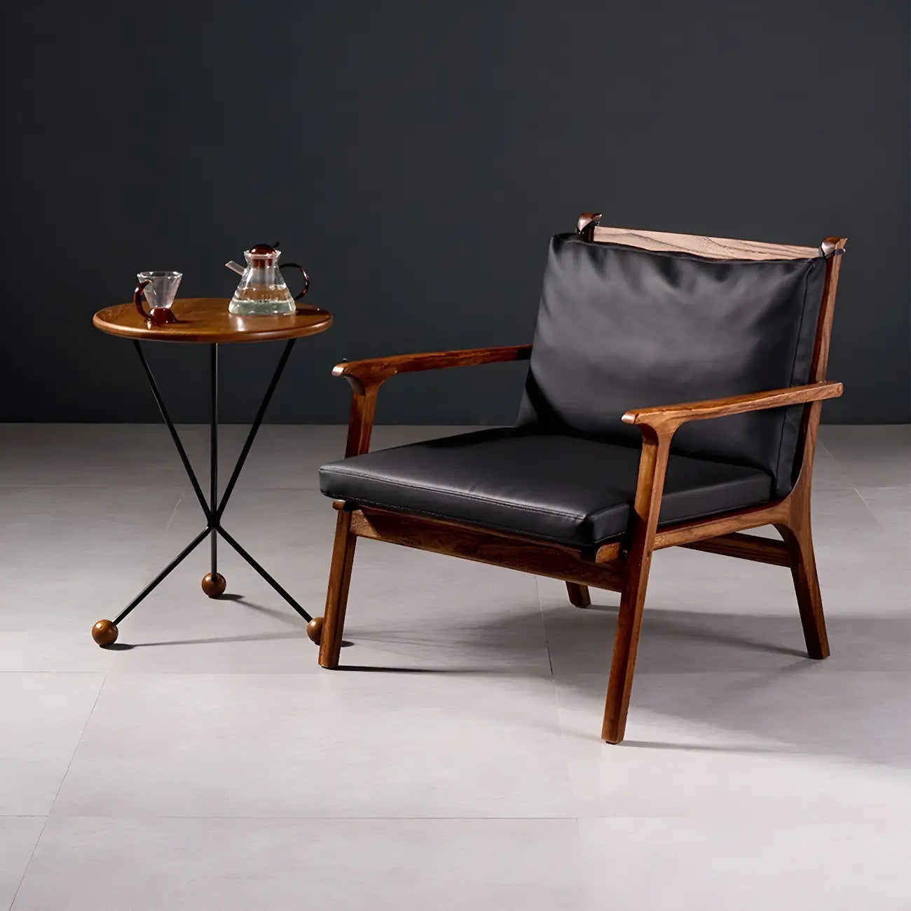 Scandinavian Faux Leather Wood Square Arm Accent Chair