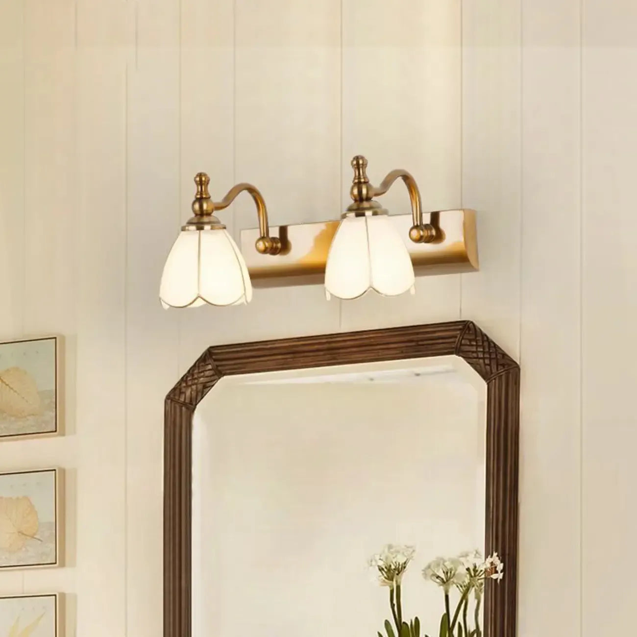 Elegant Gold Bathroom Vanity Light Frosted Floral Glass Shade