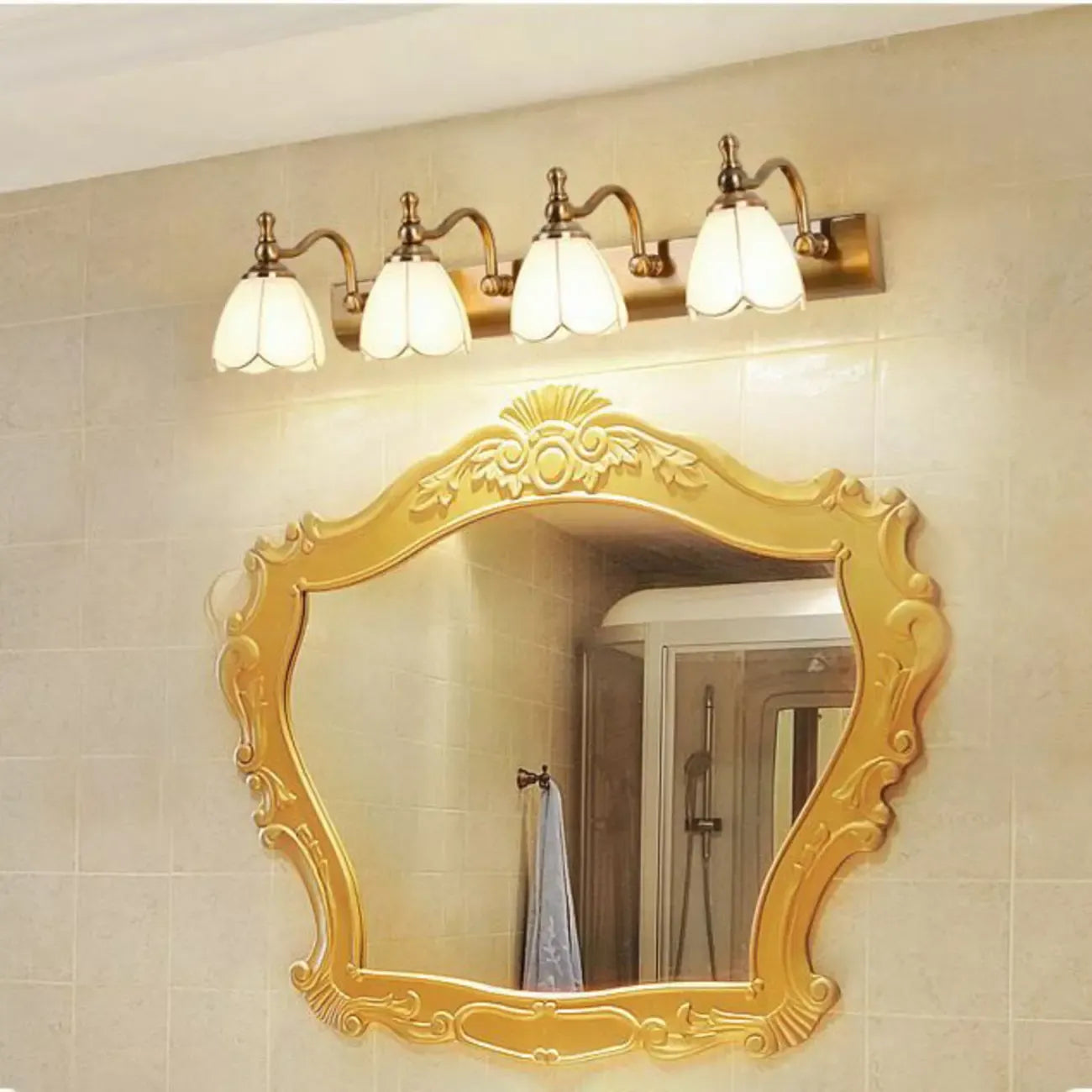 Elegant Gold Bathroom Vanity Light Frosted Floral Glass Shade