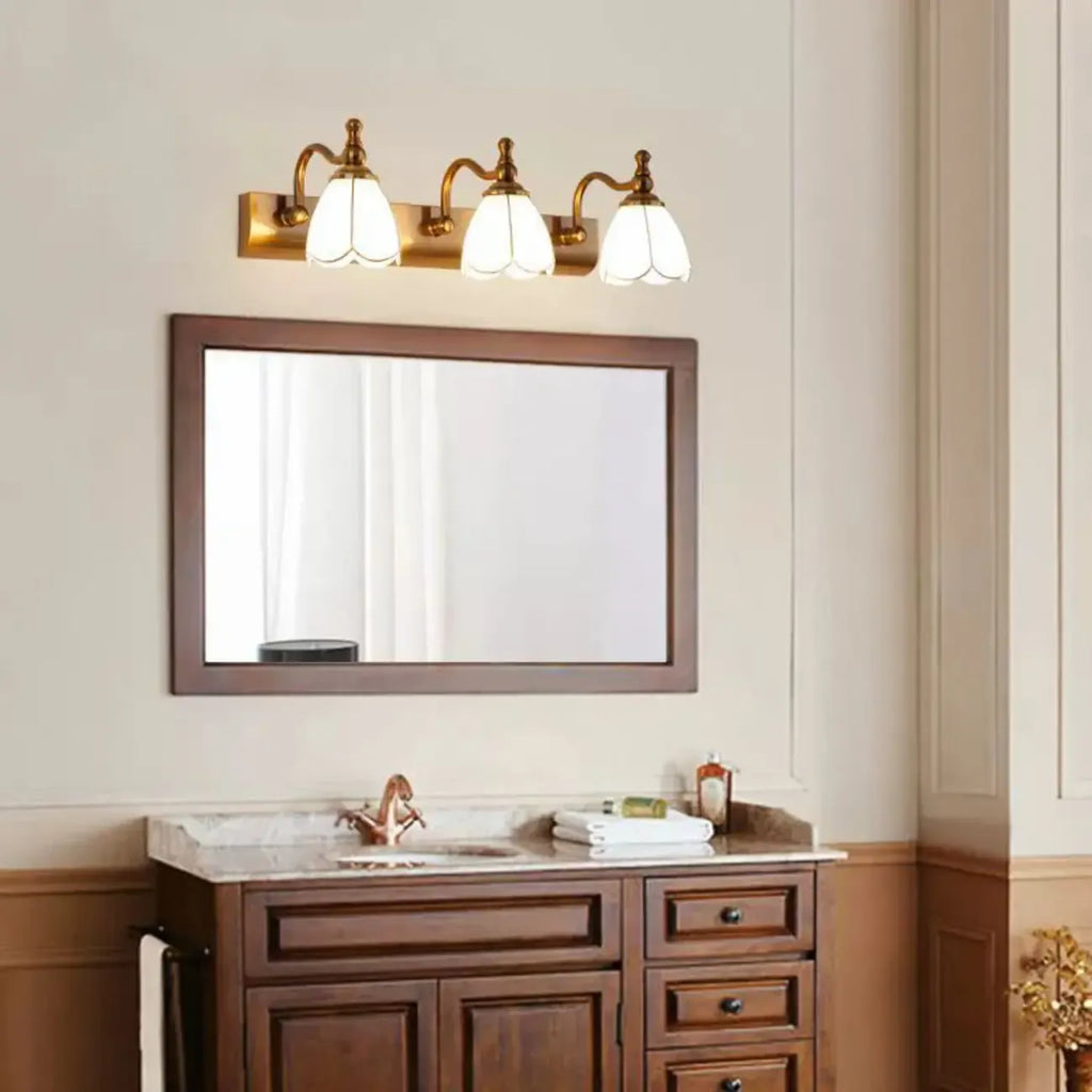 Elegant Gold Bathroom Vanity Light Frosted Floral Glass Shade