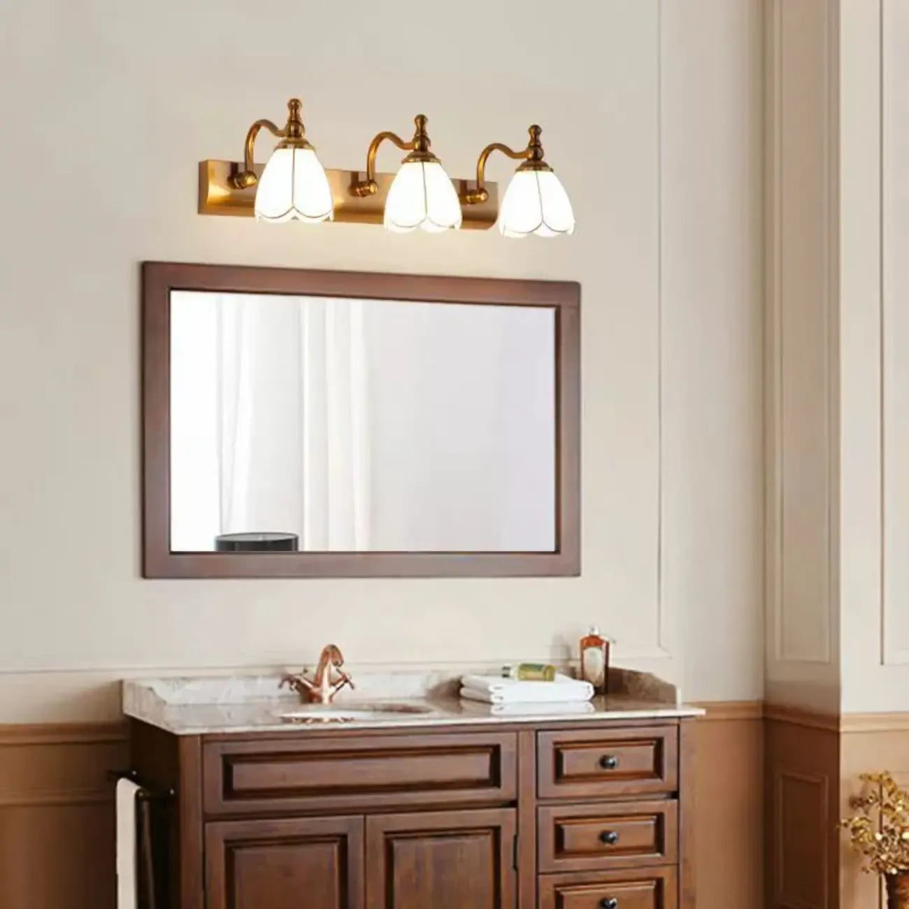 Elegant Gold Bathroom Vanity Light Frosted Floral Glass Shade
