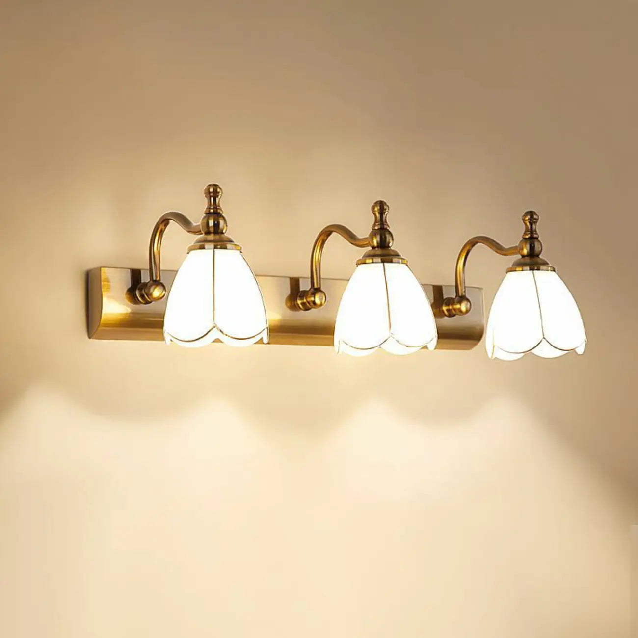 Elegant Gold Bathroom Vanity Light Frosted Floral Glass Shade