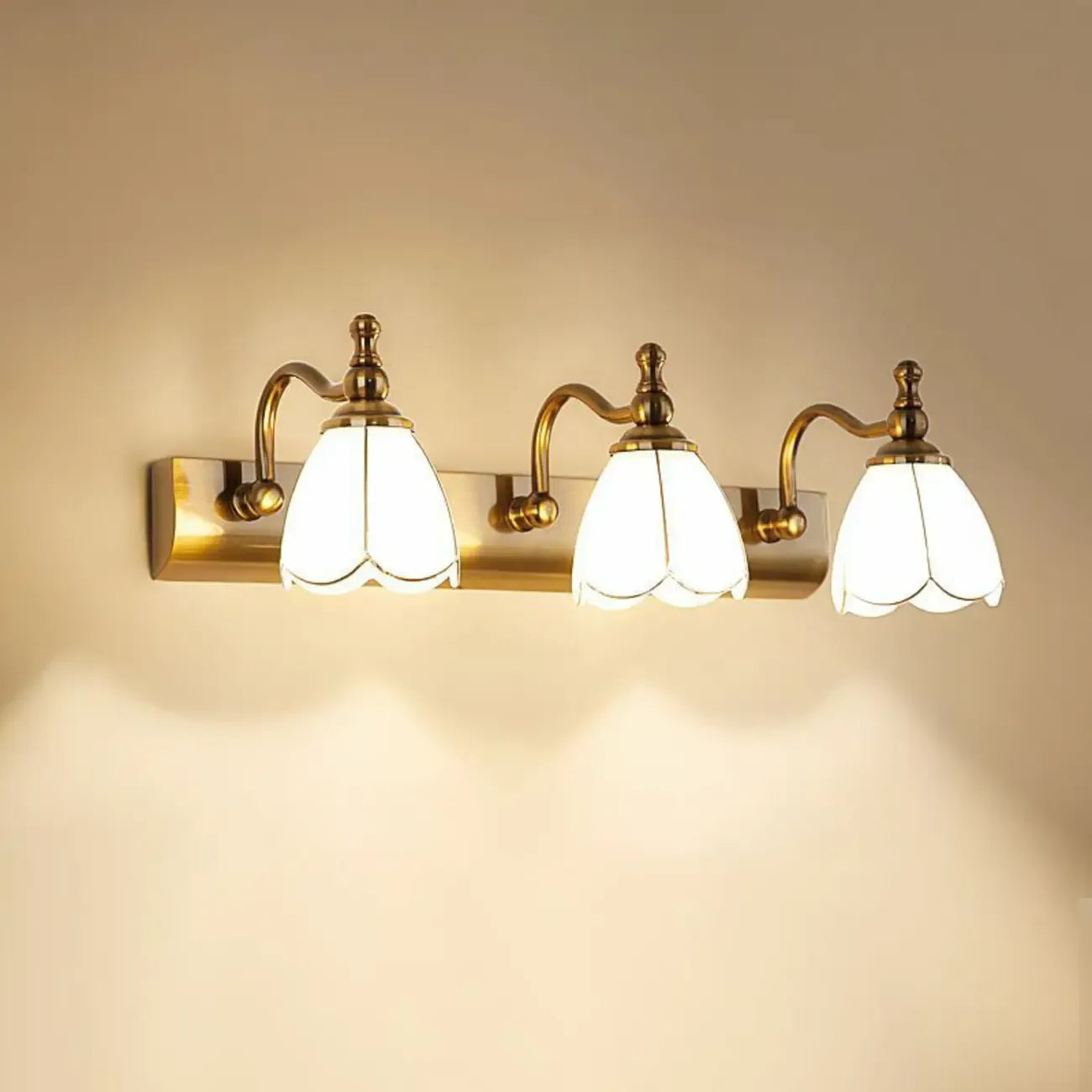 Elegant Gold Bathroom Vanity Light Frosted Floral Glass Shade