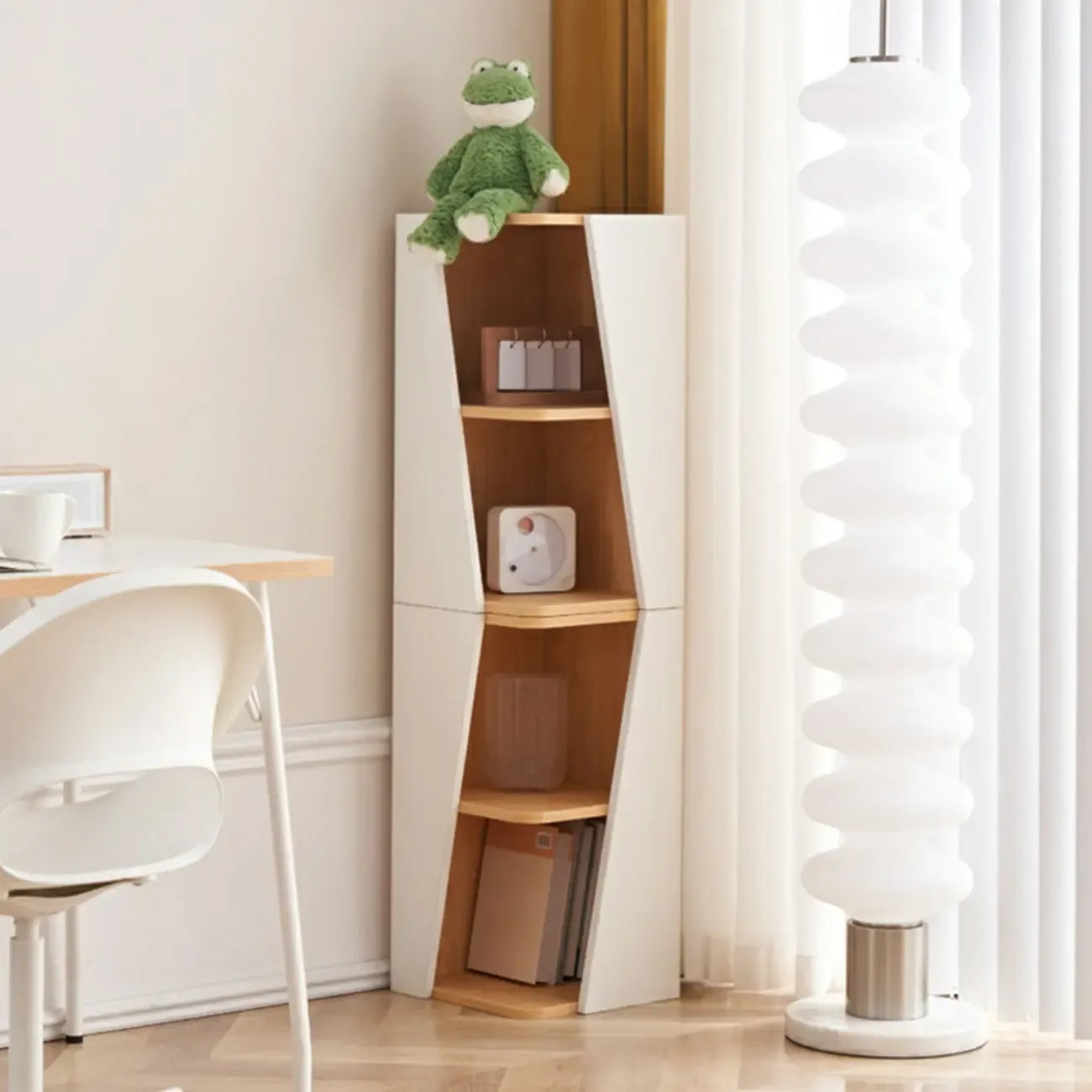 Modern White Natural Wood Geometric Square Storage Cabinet