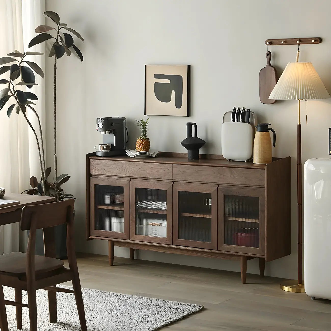 Modern Dark Brown Pine Wood Sideboard with Drawers