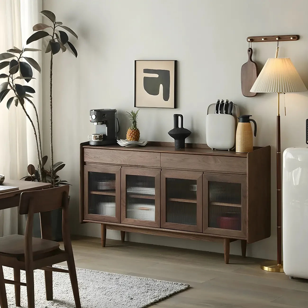 Modern Dark Brown Pine Wood Sideboard with Drawers