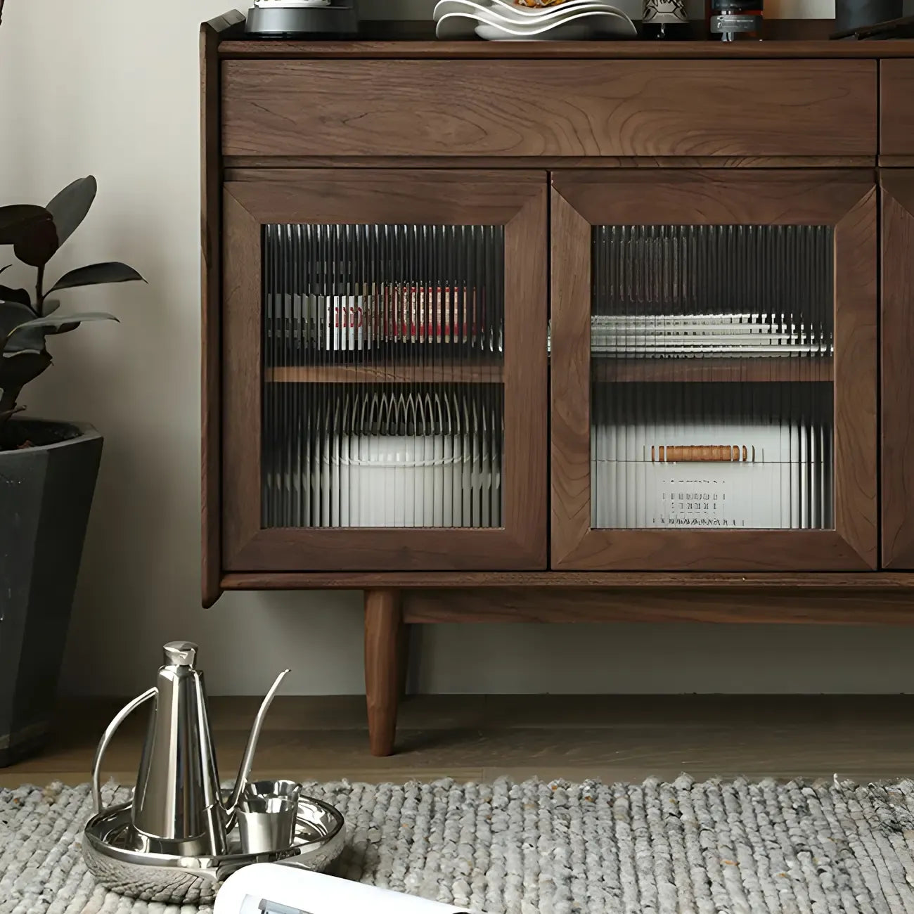 Modern Dark Brown Pine Wood Sideboard with Drawers