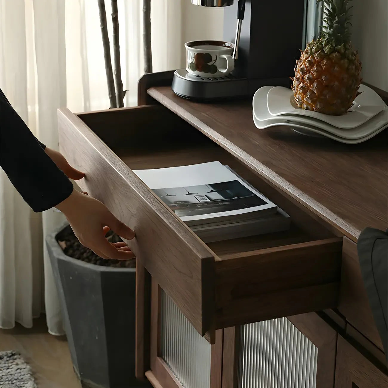 Modern Dark Brown Pine Wood Sideboard with Drawers