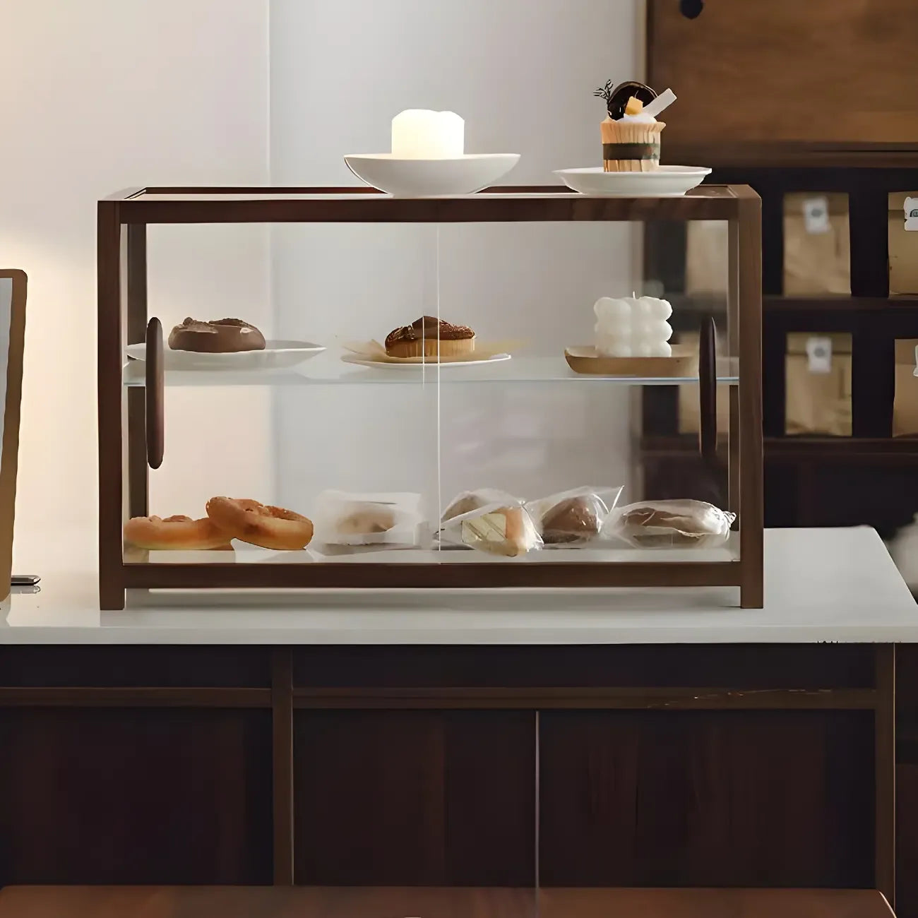 Elegant Wooden Table Top Curio Cabinet with Sliding Doors