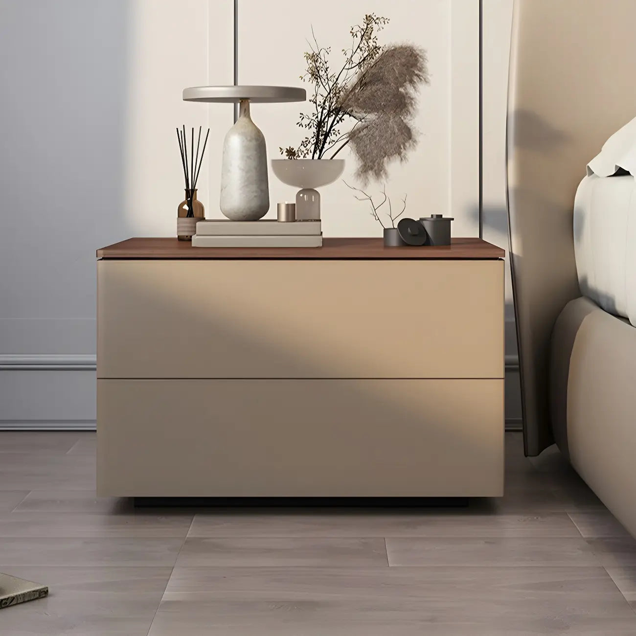 Modern Wood Top Leather Dual-Tone 2 Drawers Nightstand