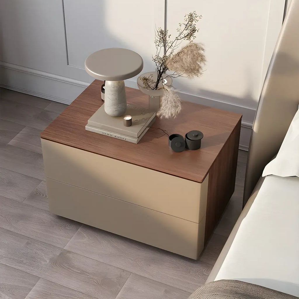 Modern Wood Top Leather Dual-Tone 2 Drawers Nightstand