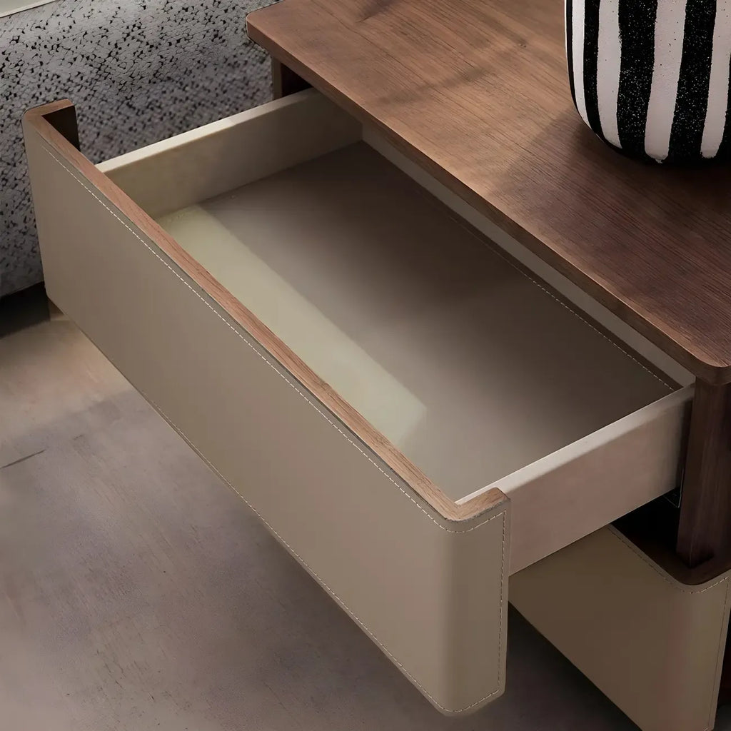 Modern Wood Top Leather Dual-Tone 2 Drawers Nightstand