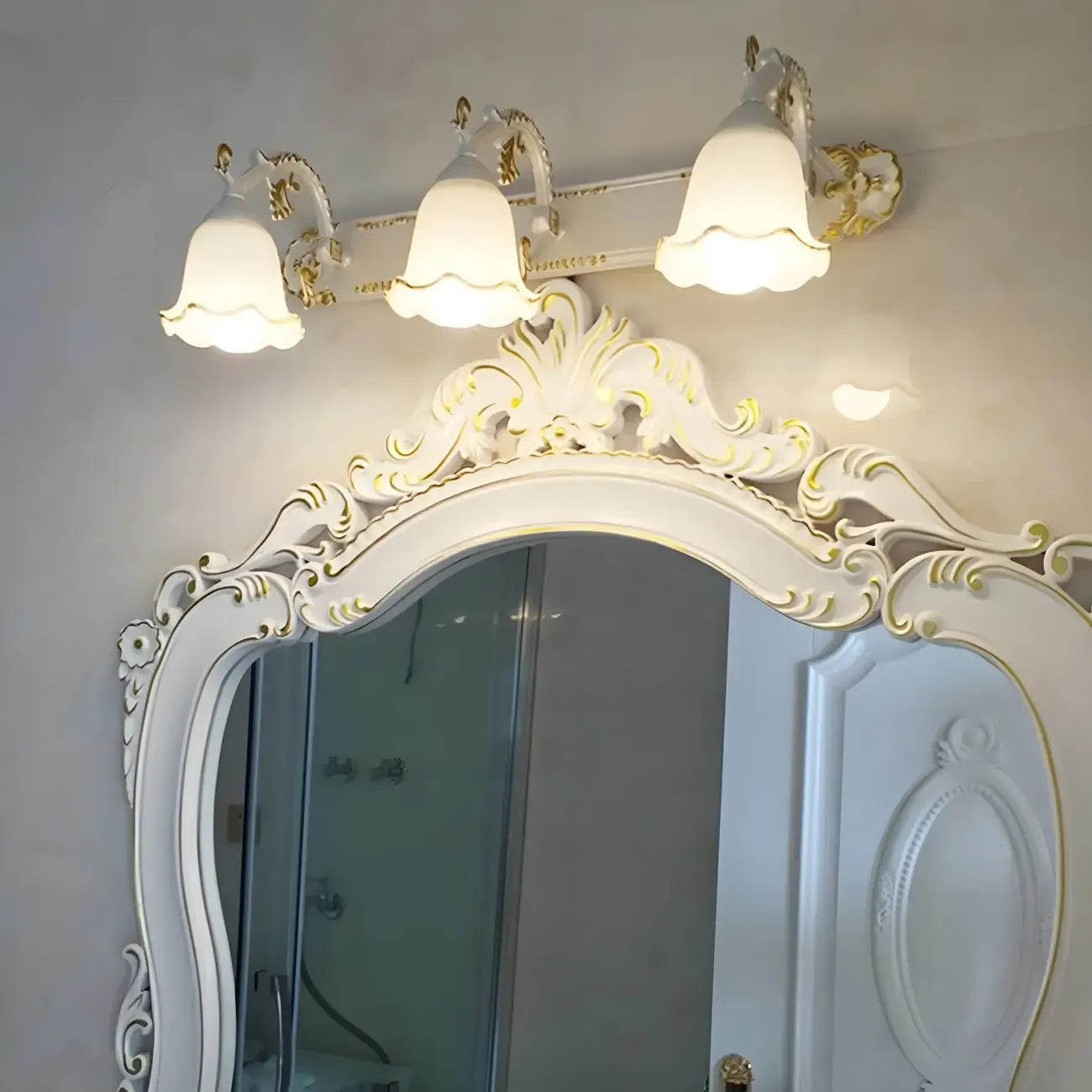 Vintage White Elegant Floral Glass Vanity Light for Bathroom